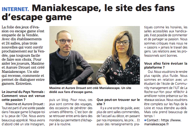 Article-Le-Journal-Du-Pays-Yonnais-13-12-18-Escape-Game-Maniakescape